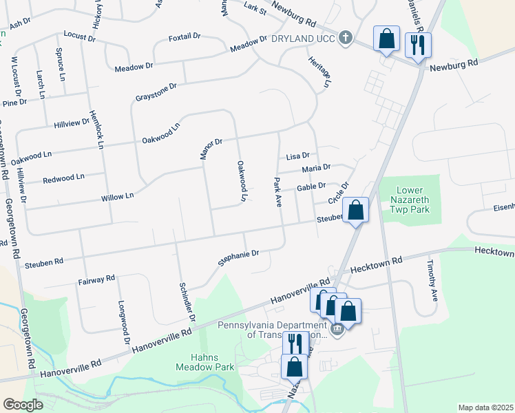 map of restaurants, bars, coffee shops, grocery stores, and more near 4446 Oakwood Lane in Nazareth