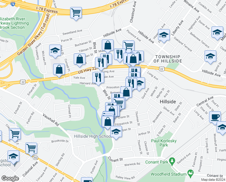 map of restaurants, bars, coffee shops, grocery stores, and more near 397 Rutgers Ave in Hillside