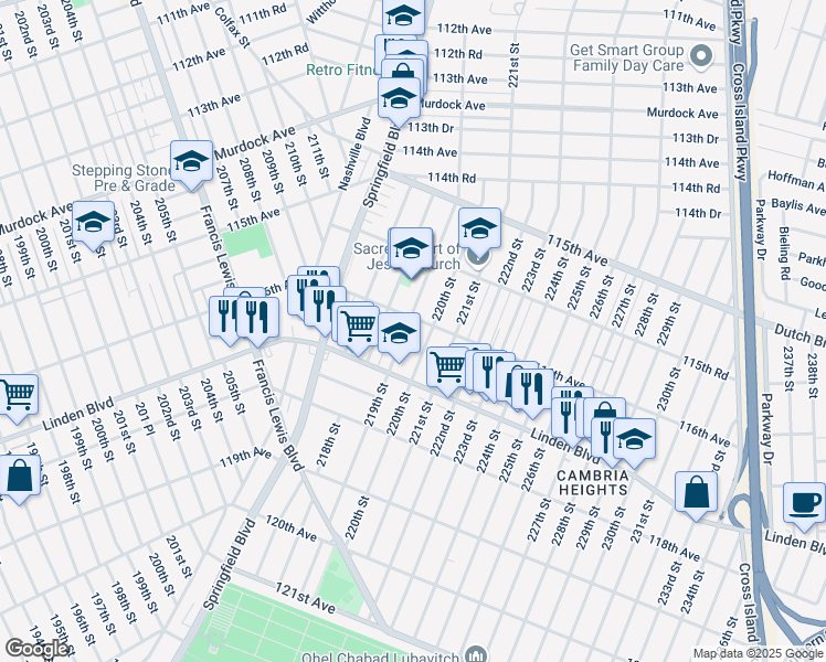 map of restaurants, bars, coffee shops, grocery stores, and more near 116-15 219th Street in Queens