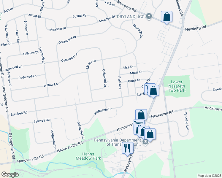 map of restaurants, bars, coffee shops, grocery stores, and more near 4446 Oakwood Lane in Nazareth