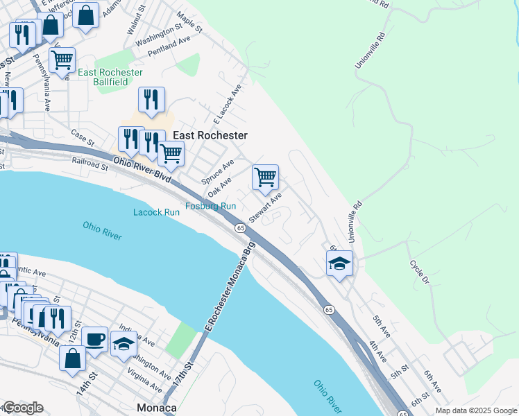 map of restaurants, bars, coffee shops, grocery stores, and more near 156 Stewart Avenue in Rochester