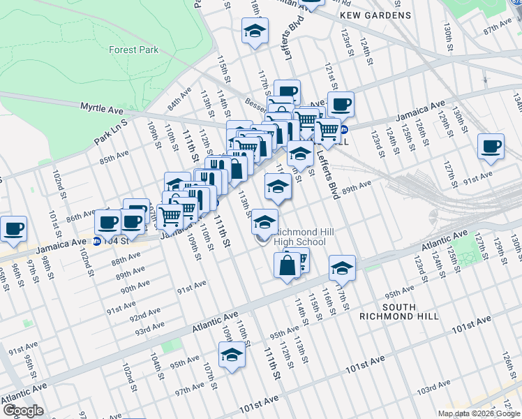 map of restaurants, bars, coffee shops, grocery stores, and more near 87-55 113th Street in Queens