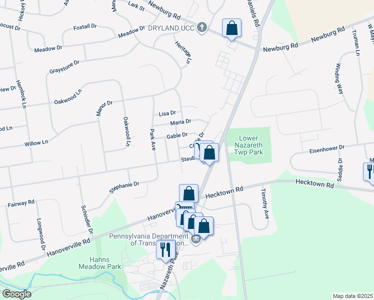 map of restaurants, bars, coffee shops, grocery stores, and more near 4447 Circle Drive in Bethlehem
