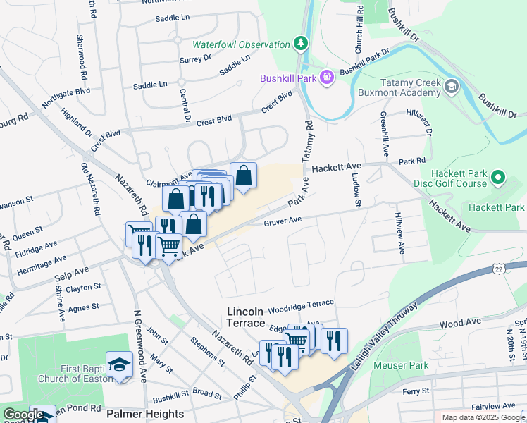map of restaurants, bars, coffee shops, grocery stores, and more near 2337 Park Avenue in Easton