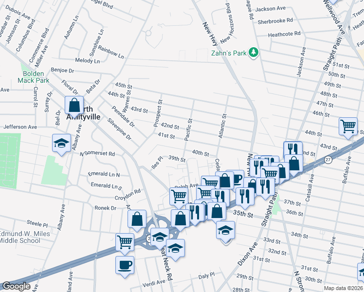 map of restaurants, bars, coffee shops, grocery stores, and more near 295 40th Street in Copiague