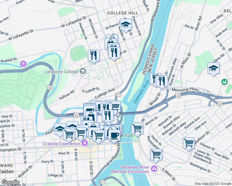map of restaurants, bars, coffee shops, grocery stores, and more near 10 North Delaware Drive in Easton