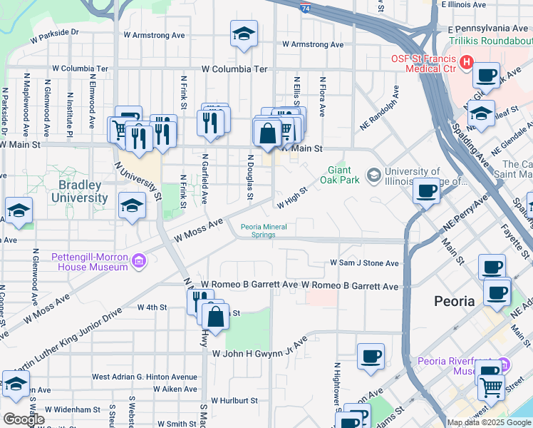 map of restaurants, bars, coffee shops, grocery stores, and more near 710 West Moss Avenue in Peoria
