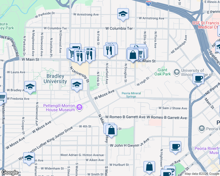 map of restaurants, bars, coffee shops, grocery stores, and more near 845 West Moss Avenue in Peoria