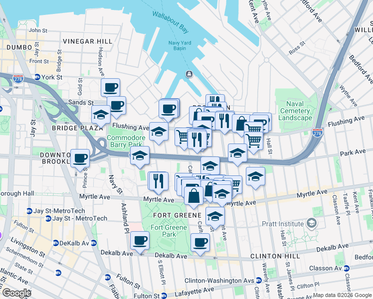 map of restaurants, bars, coffee shops, grocery stores, and more near 42 Carlton Avenue in Brooklyn