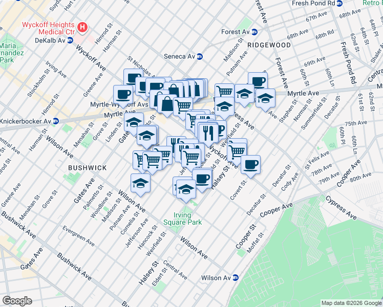 map of restaurants, bars, coffee shops, grocery stores, and more near 1484 Jefferson Avenue in Brooklyn
