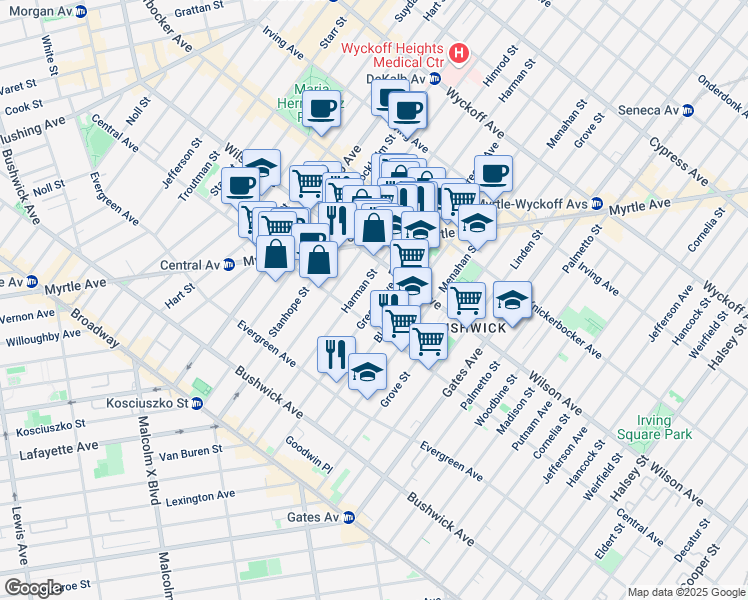 map of restaurants, bars, coffee shops, grocery stores, and more near 1229 Greene Avenue in Brooklyn