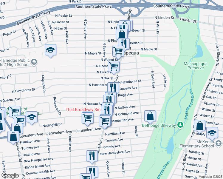 map of restaurants, bars, coffee shops, grocery stores, and more near 855 North Broadway in Massapequa