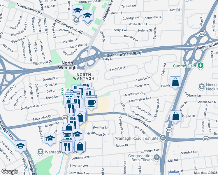 map of restaurants, bars, coffee shops, grocery stores, and more near 400 Twin Lane South in Wantagh