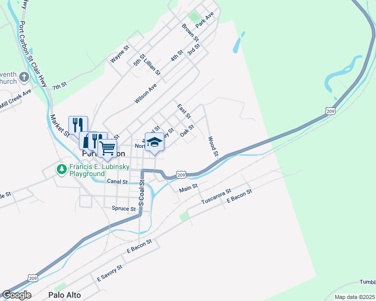 map of restaurants, bars, coffee shops, grocery stores, and more near Rock Street in Port Carbon