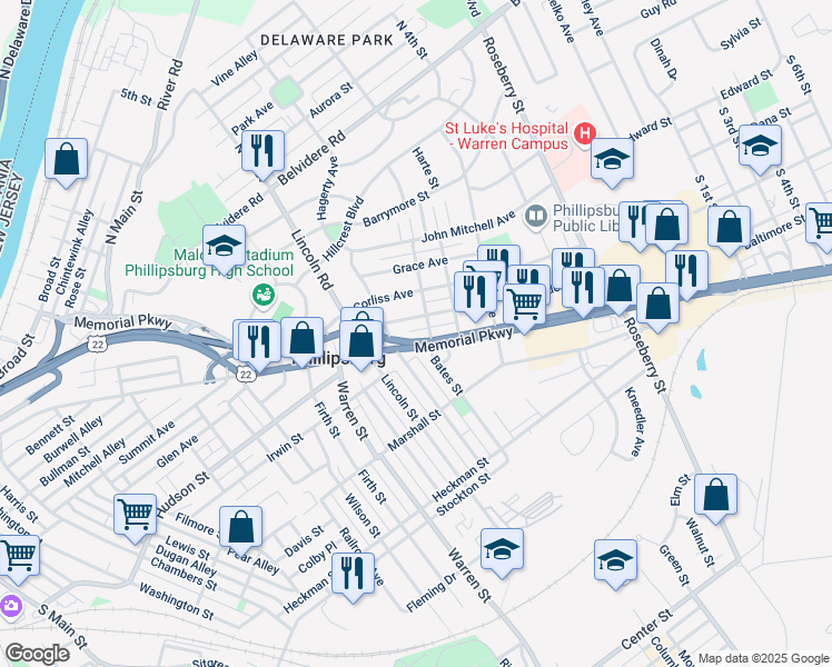 map of restaurants, bars, coffee shops, grocery stores, and more near 555 Memorial Parkway in Phillipsburg