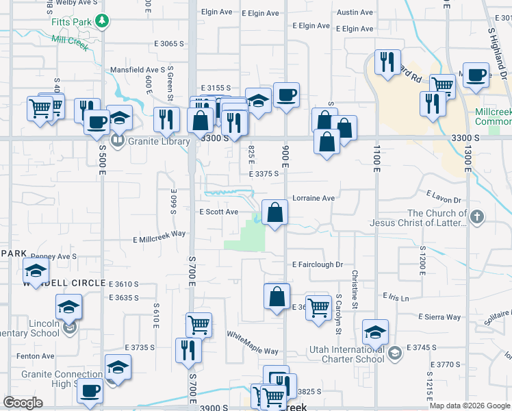 map of restaurants, bars, coffee shops, grocery stores, and more near 3434 Brookview Lane in Millcreek