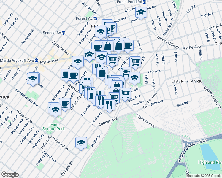 map of restaurants, bars, coffee shops, grocery stores, and more near 10-76 Cypress Avenue in Queens