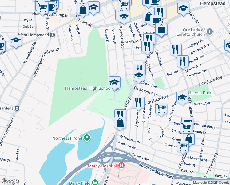 map of restaurants, bars, coffee shops, grocery stores, and more near 201 President Street in Hempstead