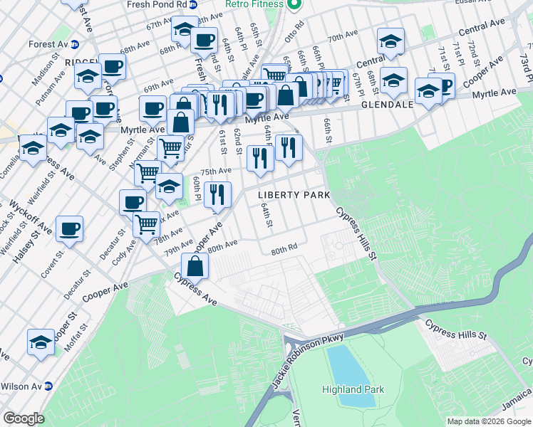 map of restaurants, bars, coffee shops, grocery stores, and more near 78-20 64th Street in Queens