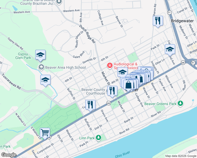 map of restaurants, bars, coffee shops, grocery stores, and more near 865 Canal Street in Beaver