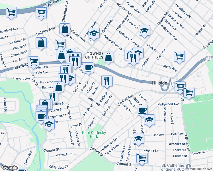map of restaurants, bars, coffee shops, grocery stores, and more near 171 Long Avenue in Hillside