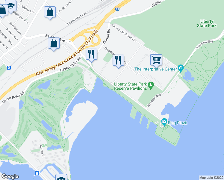 map of restaurants, bars, coffee shops, grocery stores, and more near Hudson River Waterfront Walk in Jersey City