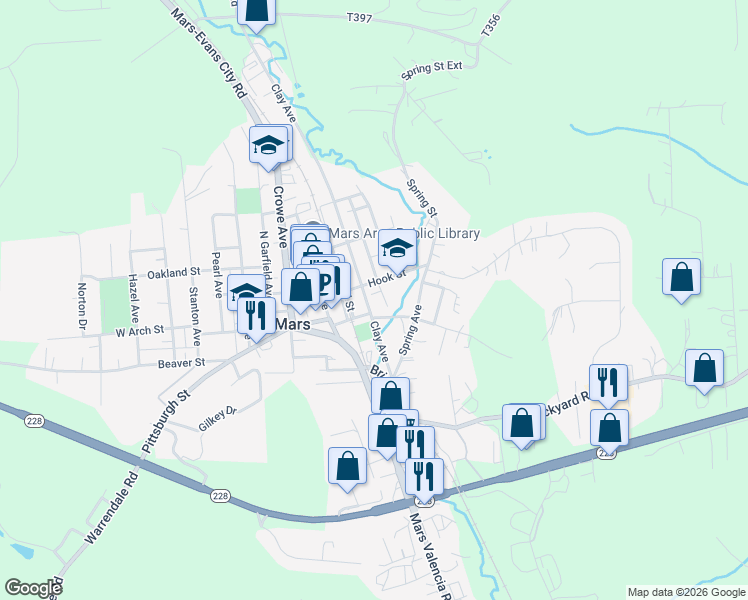 map of restaurants, bars, coffee shops, grocery stores, and more near 335 Clay Avenue in Mars