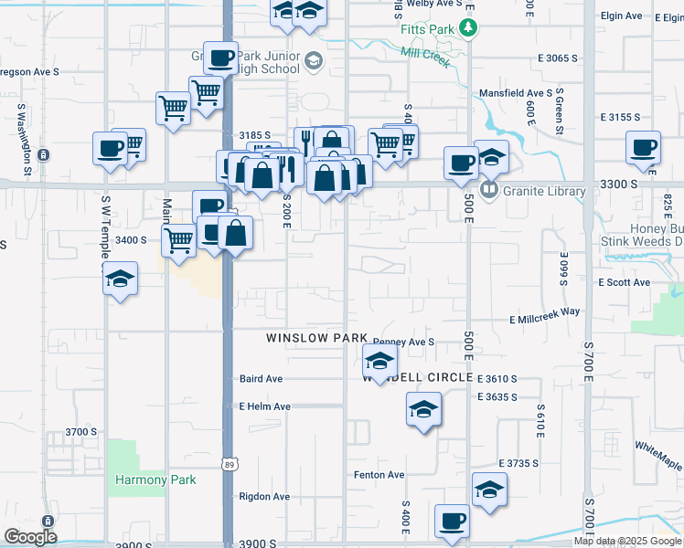 map of restaurants, bars, coffee shops, grocery stores, and more near 3430 South 300 East in South Salt Lake
