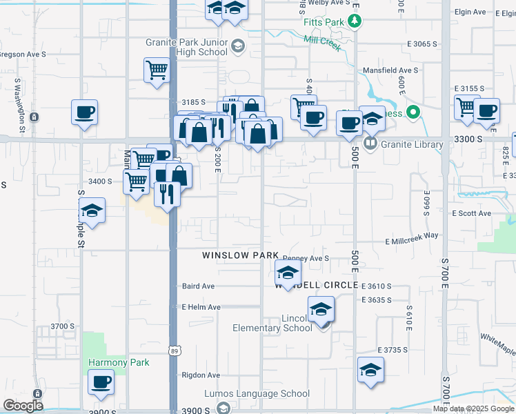map of restaurants, bars, coffee shops, grocery stores, and more near 3430 South 300 East in South Salt Lake