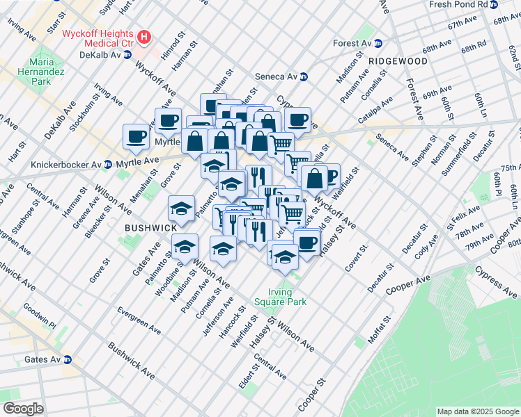 map of restaurants, bars, coffee shops, grocery stores, and more near Putnam Ave & Irving Ave in Brooklyn
