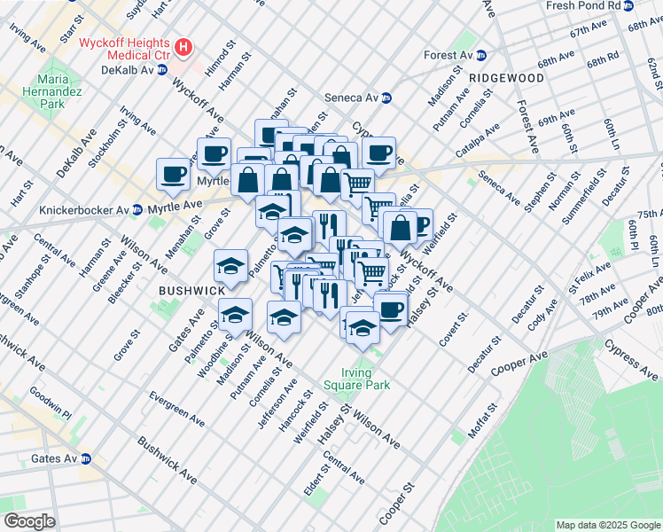 map of restaurants, bars, coffee shops, grocery stores, and more near Putnam Avenue in New York