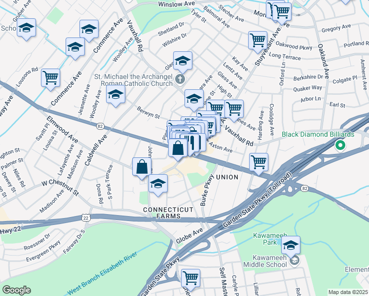map of restaurants, bars, coffee shops, grocery stores, and more near in Union