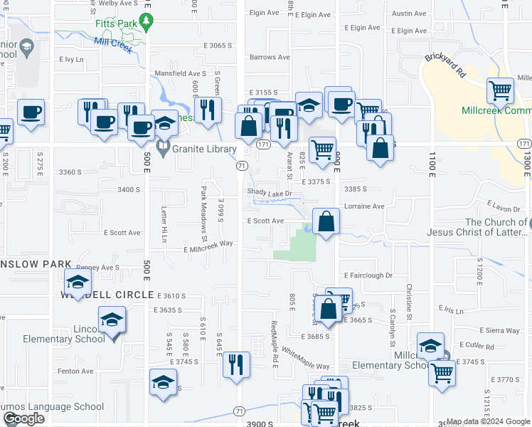 map of restaurants, bars, coffee shops, grocery stores, and more near 739 East Scott Avenue in Millcreek