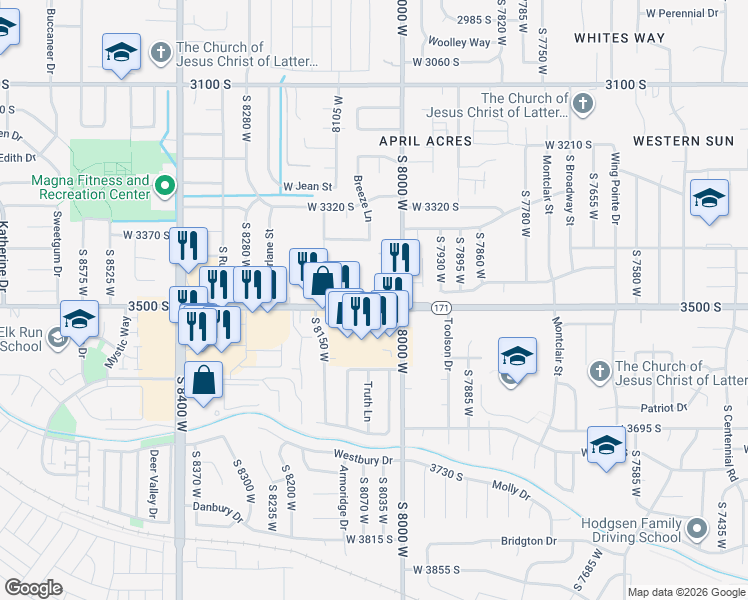 map of restaurants, bars, coffee shops, grocery stores, and more near in Magna