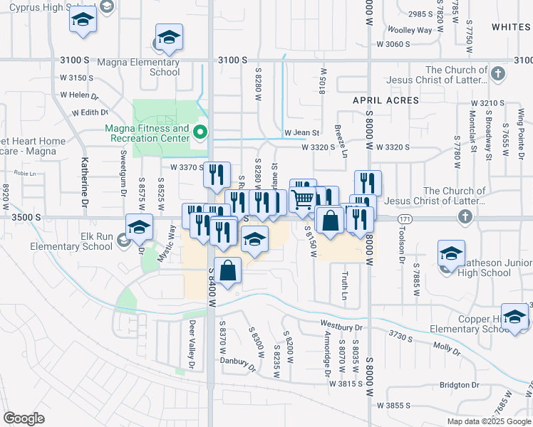map of restaurants, bars, coffee shops, grocery stores, and more near 8284 West 3500 South in Magna