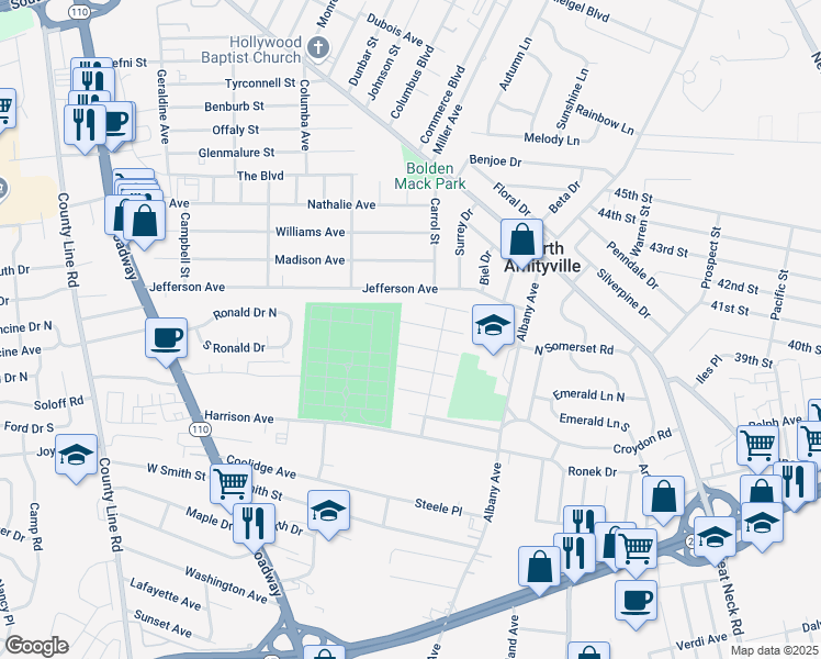 map of restaurants, bars, coffee shops, grocery stores, and more near 10 Garfield Street in Amityville
