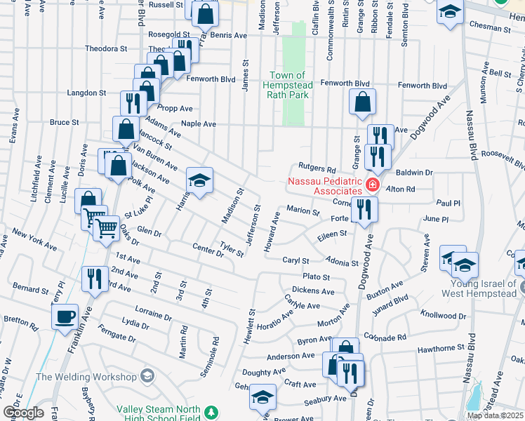 map of restaurants, bars, coffee shops, grocery stores, and more near 833 Van Buren Avenue in Franklin Square