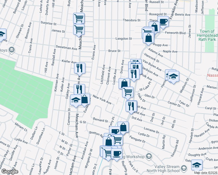 map of restaurants, bars, coffee shops, grocery stores, and more near 438 Lucille Avenue in Elmont