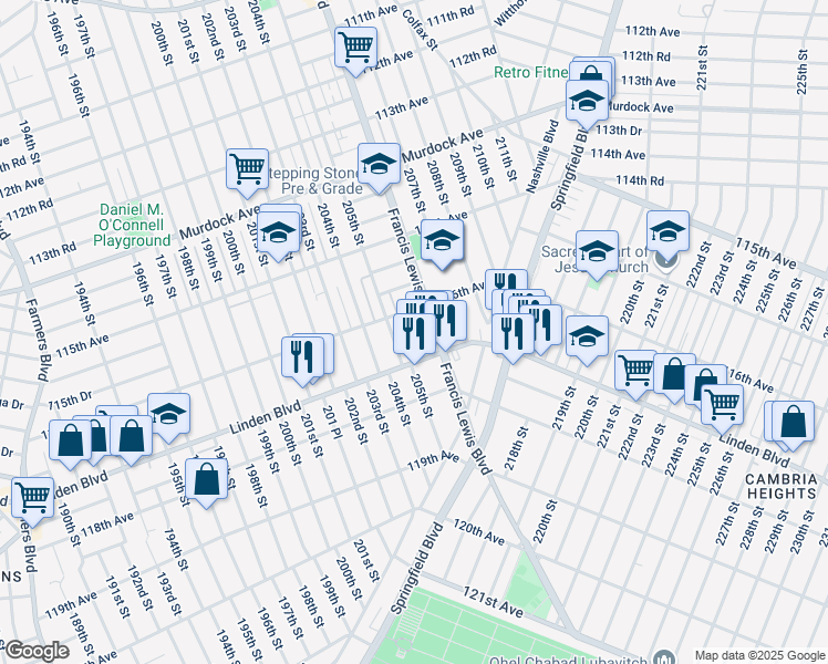 map of restaurants, bars, coffee shops, grocery stores, and more near 205-16 116th Road in Queens