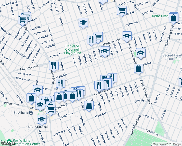 map of restaurants, bars, coffee shops, grocery stores, and more near 115-39 198th Street in Queens