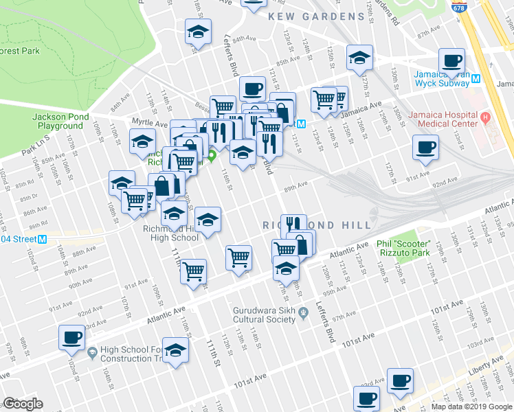 map of restaurants, bars, coffee shops, grocery stores, and more near in Queens