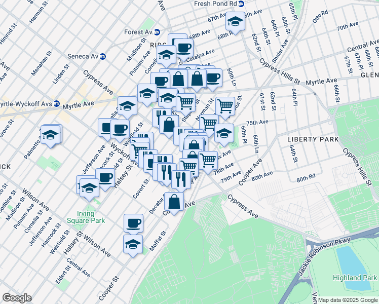 map of restaurants, bars, coffee shops, grocery stores, and more near 10-76 Cypress Avenue in Queens