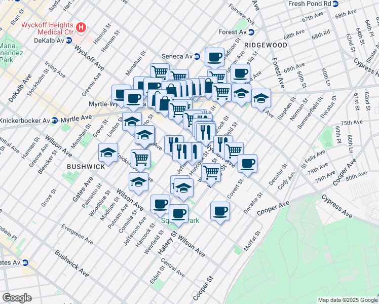 map of restaurants, bars, coffee shops, grocery stores, and more near 1484 Jefferson Avenue in Brooklyn