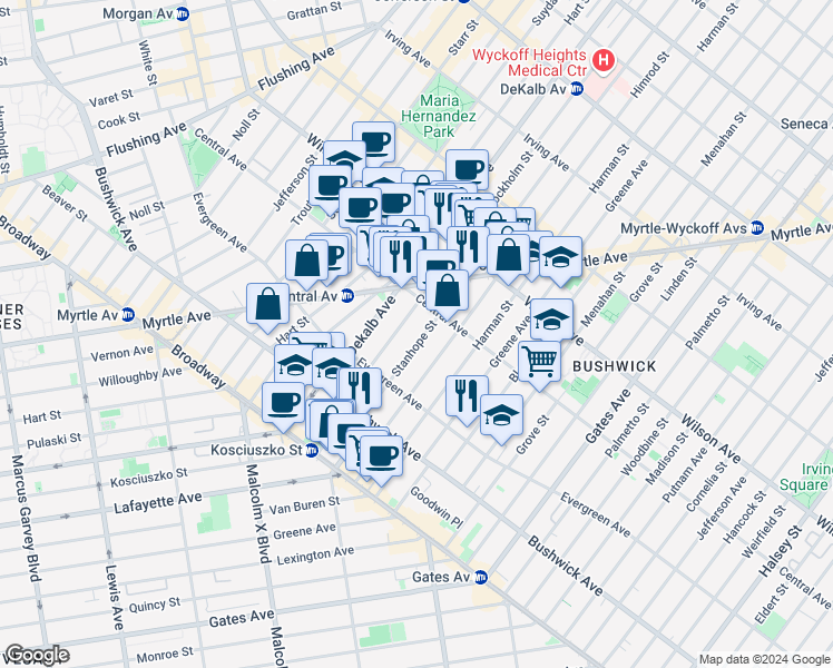 map of restaurants, bars, coffee shops, grocery stores, and more near 80 Stanhope Street in Brooklyn