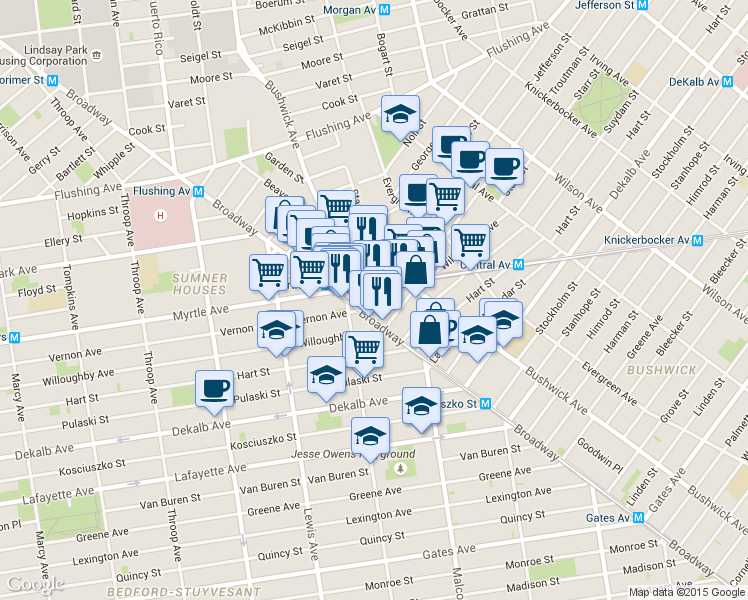 map of restaurants, bars, coffee shops, grocery stores, and more near 12 Ditmars Street in Brooklyn