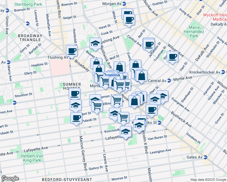 map of restaurants, bars, coffee shops, grocery stores, and more near 6 Stuyvesant Avenue in Brooklyn