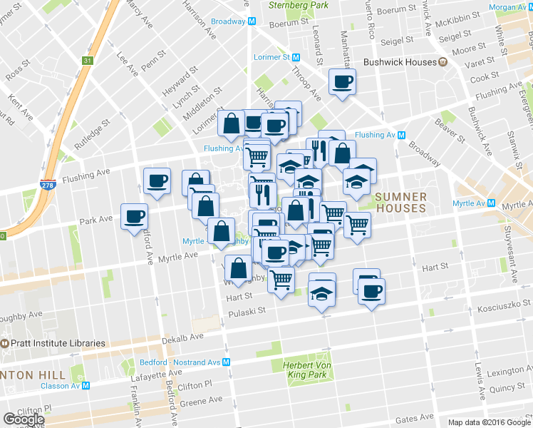 map of restaurants, bars, coffee shops, grocery stores, and more near 103 Stockton Street in Brooklyn