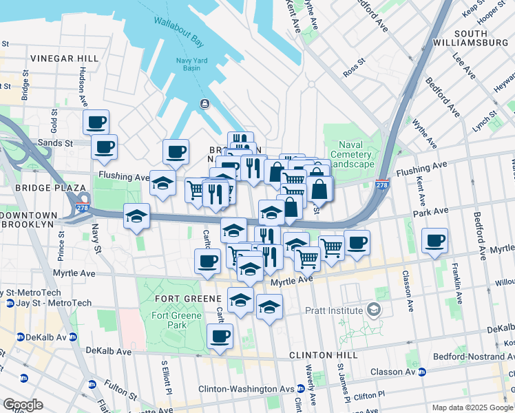 map of restaurants, bars, coffee shops, grocery stores, and more near 235 Park Avenue in Brooklyn