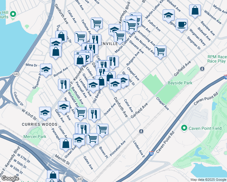 map of restaurants, bars, coffee shops, grocery stores, and more near 128 Danforth Avenue in Jersey City