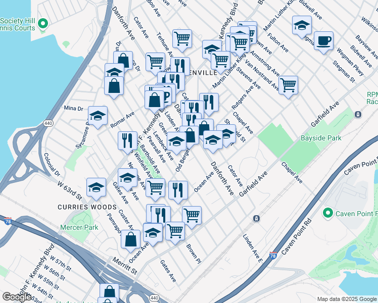 map of restaurants, bars, coffee shops, grocery stores, and more near 150 Linden Avenue in Jersey City